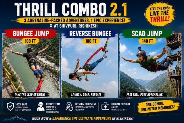 Thrill Combo 2.1 – Bungee Jump + Reverse Bungee + SCAD Jump in Rishikesh