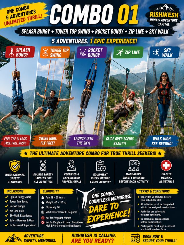 Combo 01 – Splash Bungee + Tower Top Swing + Rocket Bungee + Zip Line + Sky Walk in Rishikesh