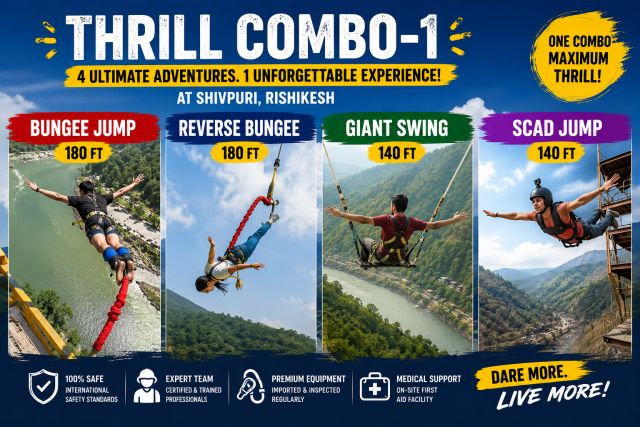 Thrill Combo 1 – Bungee Jump + Giant Swing + Reverse Bungee + SCAD Jump in Rishikesh